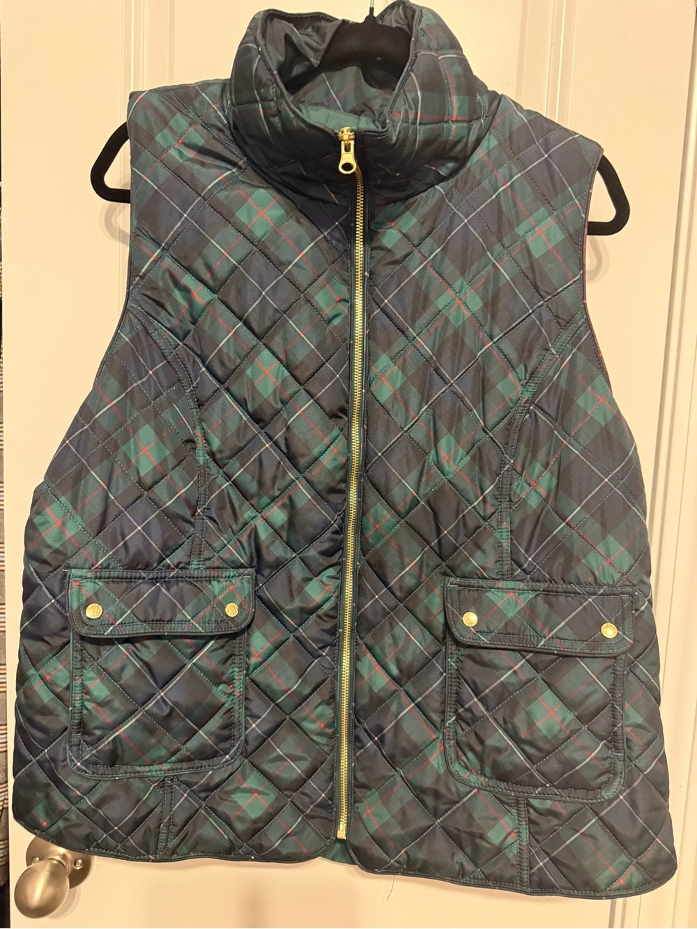 Crown Quilted Plaid Vest in Navy, Green & Gold Hardware